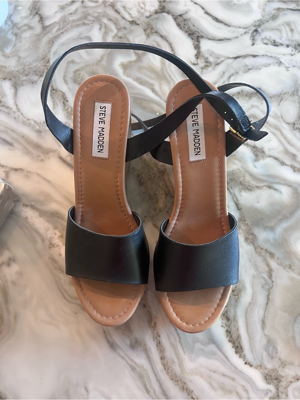 Steve Madden Black Leather Platform Wedge Sandals with Wood-Look Platform - Picture 3 of 8